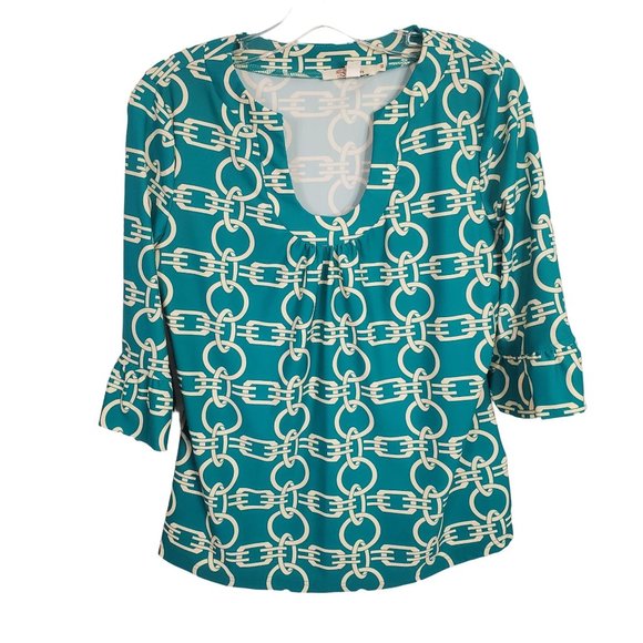 Aryeh Sz M Shirt Scoop Pullover 3/4 Ruffle Bell Sleeve Stretch Linked Chains - Picture 2 of 7